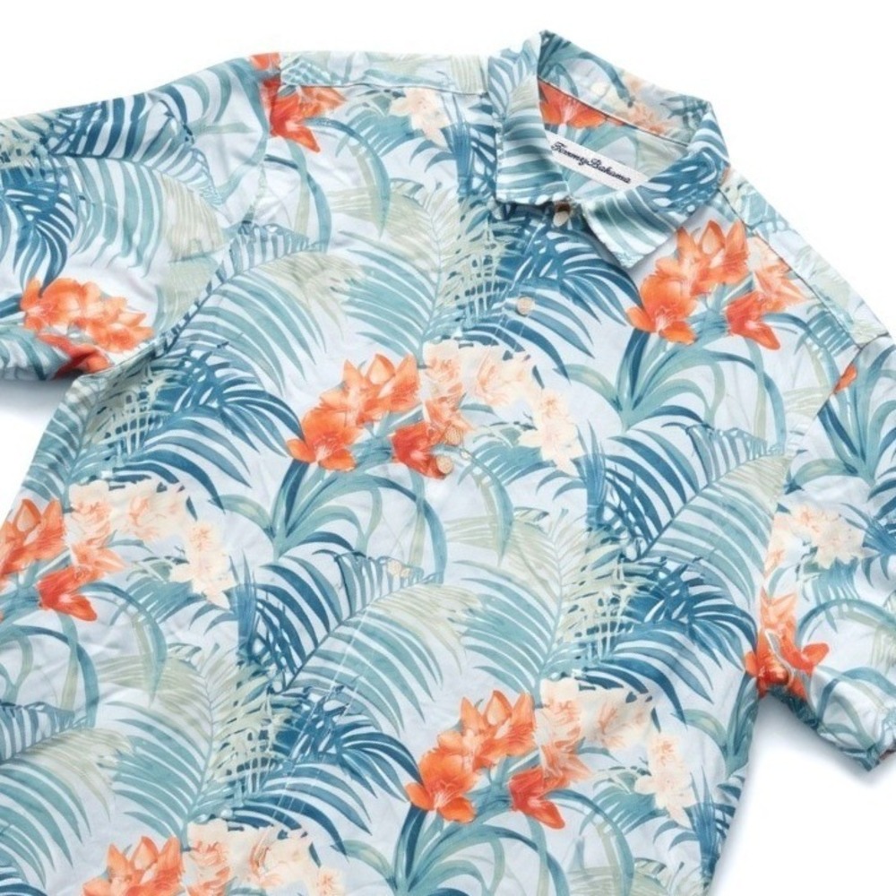 Tommy Bahama Mens Large‎ Floral Palm Print Silk Blend Button Up Shirt Distressed